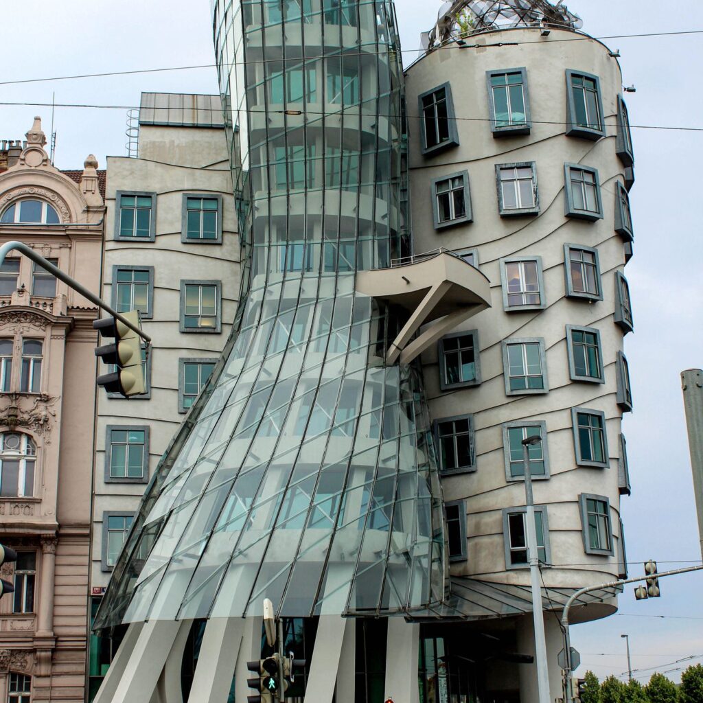 Bizarre, warped architecture on a city street