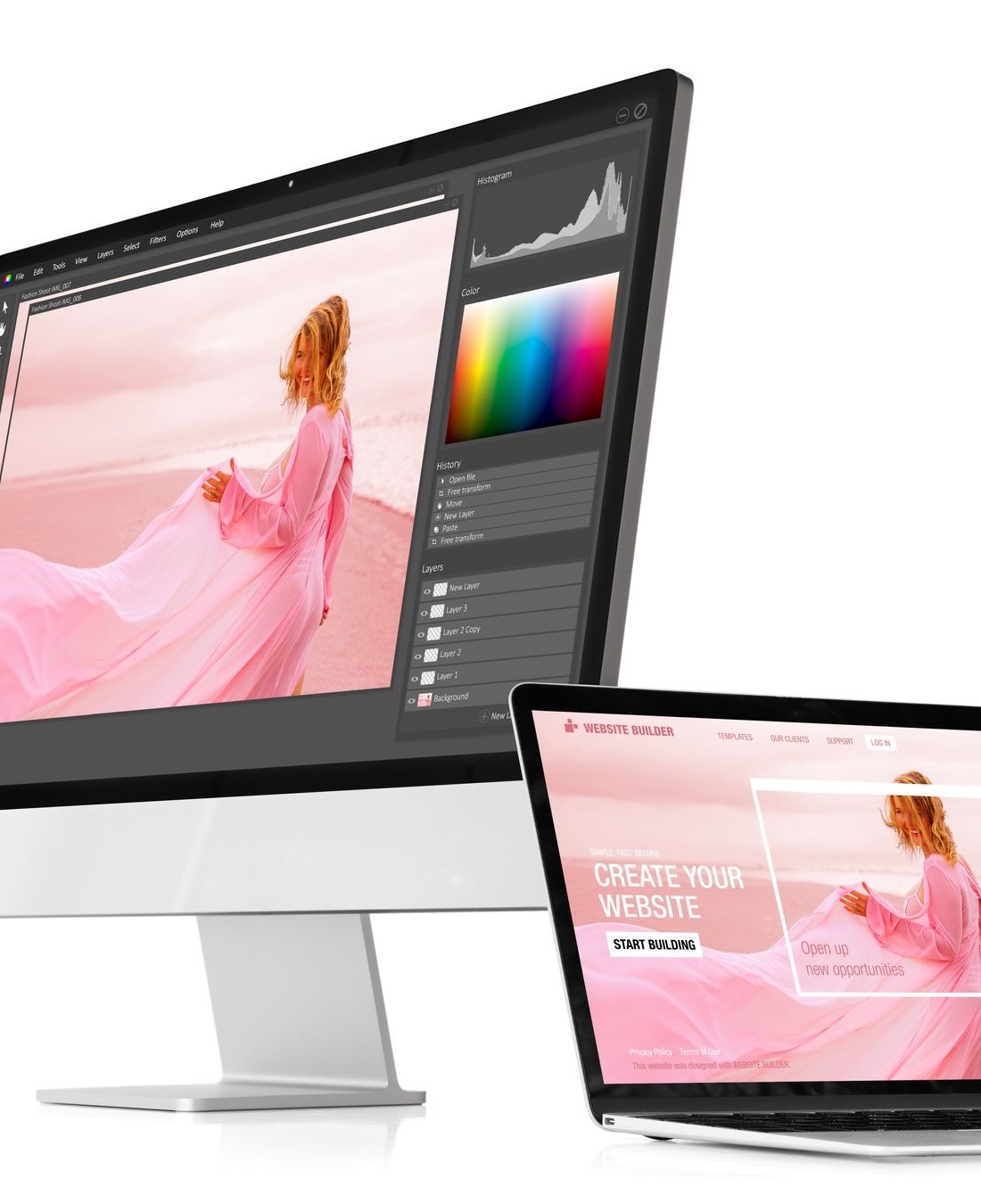 Image editing software showing a woman in a pink gown on a beach