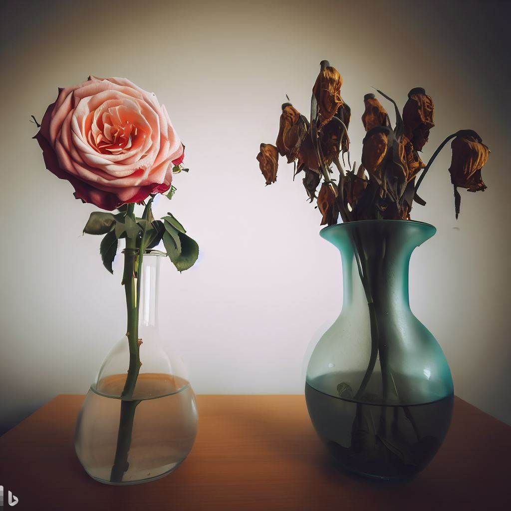 A blooming rose in a vase of water and a dead bouqet in a poisoned vase