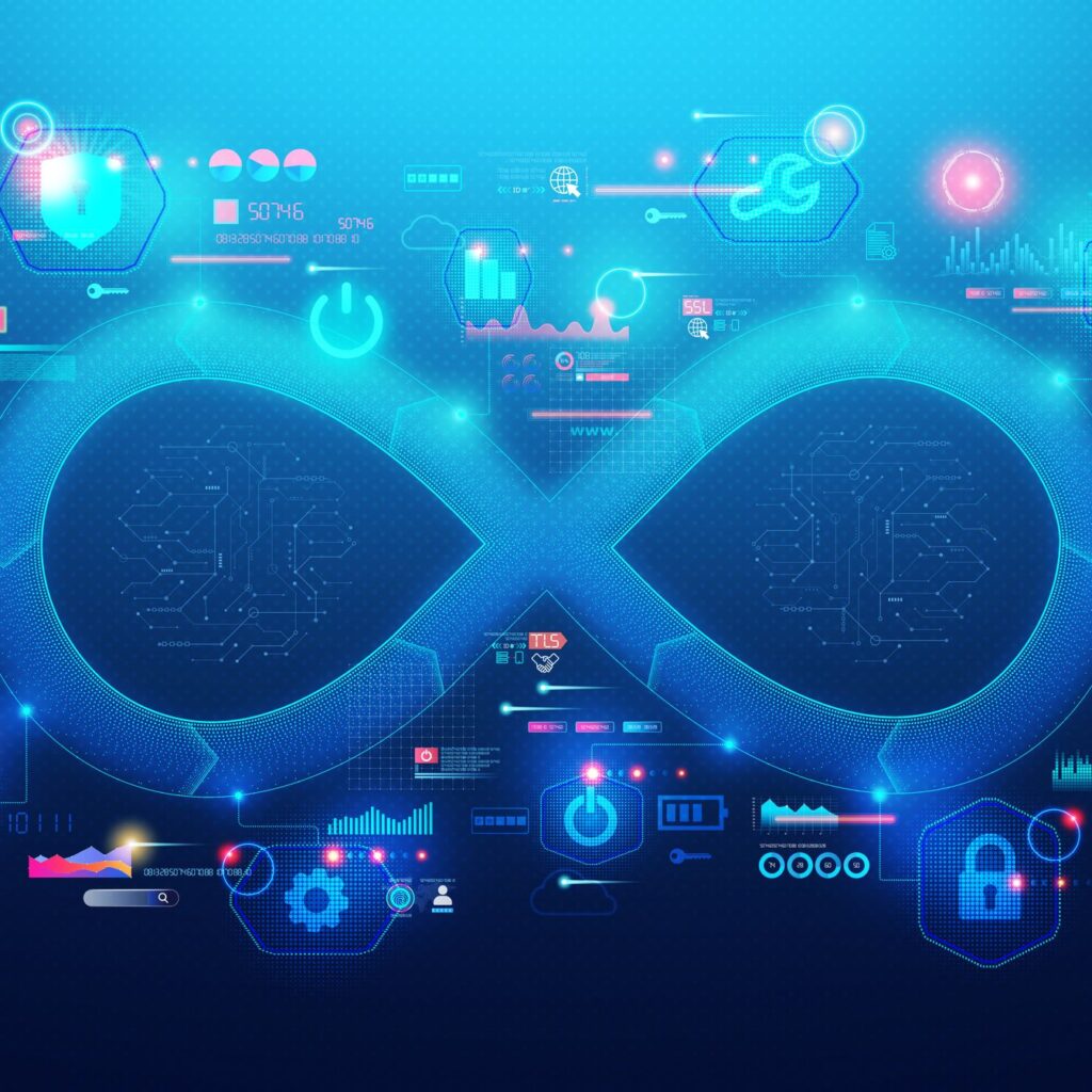 An infinity symbol covered in tech imagery