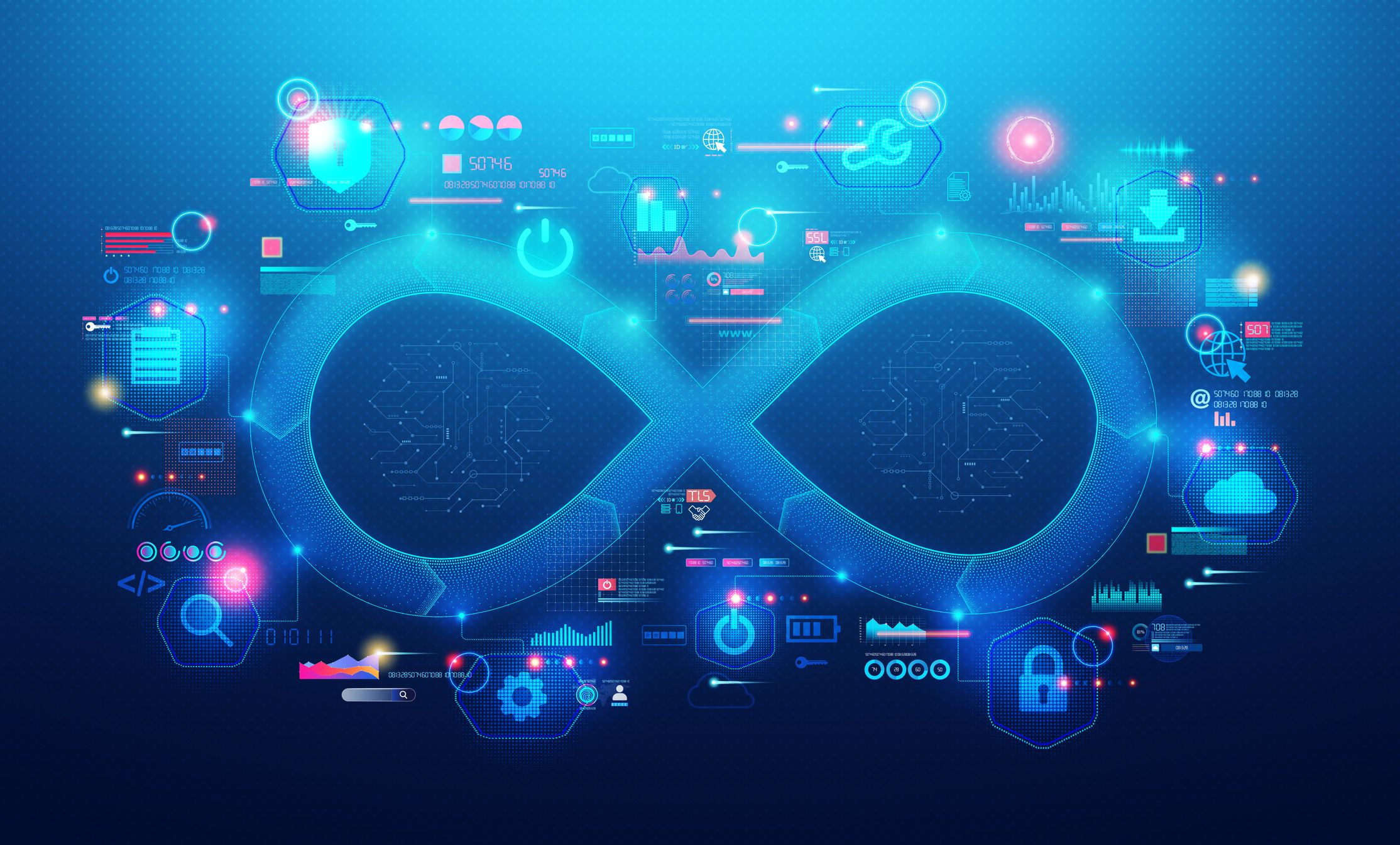 An infinity symbol covered in tech imagery