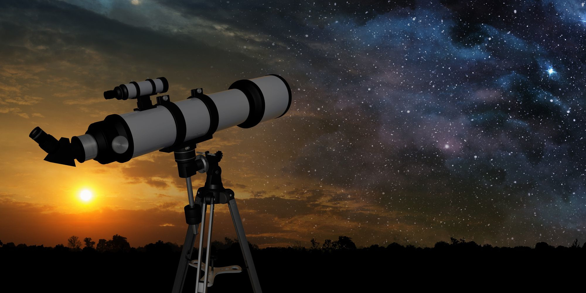 A telescope at sunset looking into a night sky